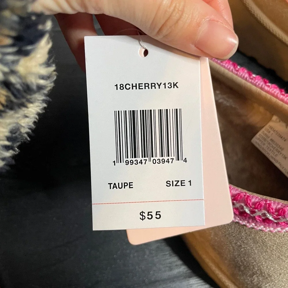 Olivia & Kate Girls Platform Slippers Taupe Pink Trim Faux Fur Size 1 New In Box
